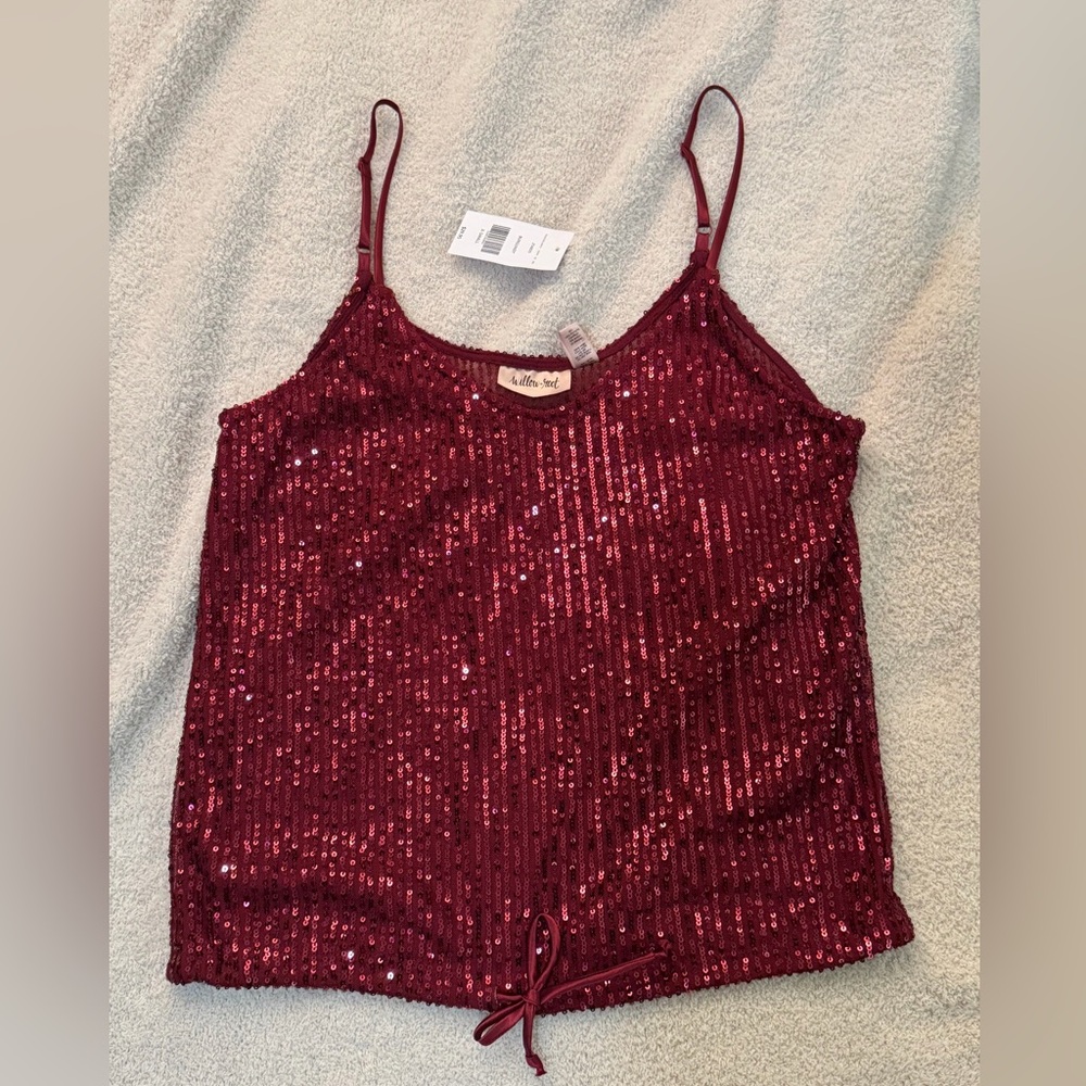 Sequin Spaghetti-Strap Cami in Deep Burgundy by Altar'd State
